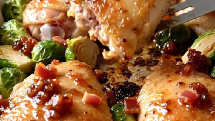A sheet pan filled with golden-brown roasted chicken thighs and caramelized Brussels sprouts topped with bacon jam.