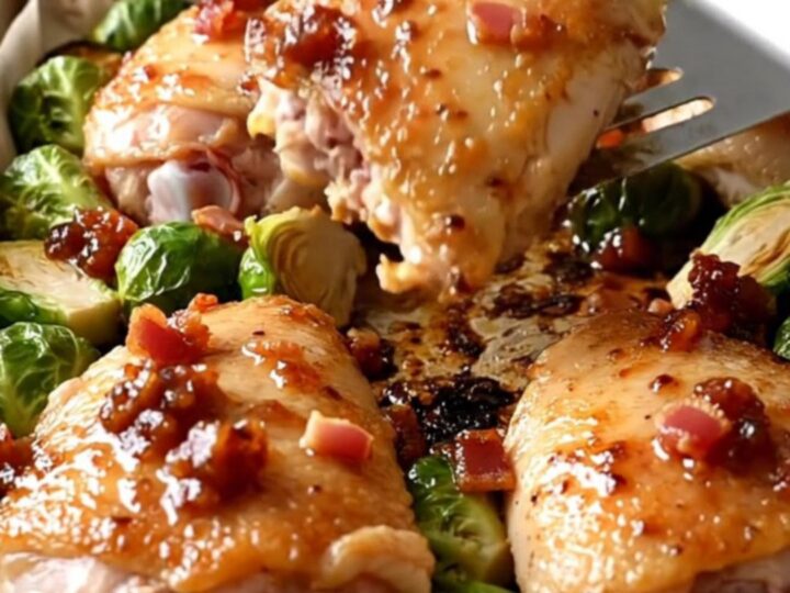 A sheet pan filled with golden-brown roasted chicken thighs and caramelized Brussels sprouts topped with bacon jam.