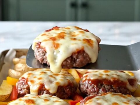 A sheet pan filled with golden potato wedges, peppers, and six beef patties topped with melted mozzarella and pepperoni.