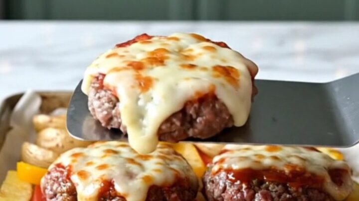 A sheet pan filled with golden potato wedges, peppers, and six beef patties topped with melted mozzarella and pepperoni.