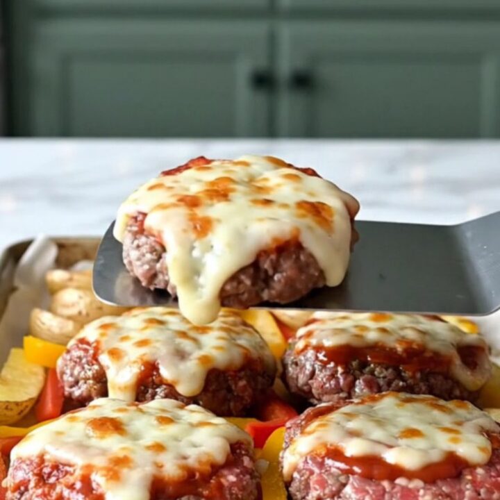 A sheet pan filled with golden potato wedges, peppers, and six beef patties topped with melted mozzarella and pepperoni.