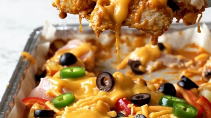 A sheet pan filled with golden roasted chicken chunks, crispy potatoes, and melted cheddar topped with jalapenos and olives.