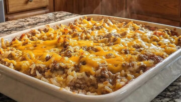 A steaming cheesy hamburger rice casserole in a baking dish on a granite counter.