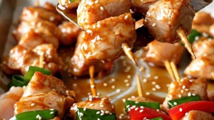 A sheet pan filled with golden-brown chicken chunks, vibrant red peppers, and charred green onions.