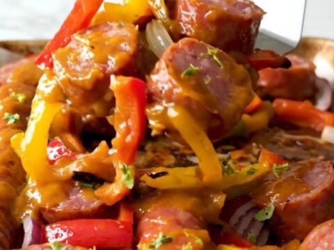 A sheet pan filled with golden-brown kielbasa coins, vibrant bell pepper chunks, and red onion wedges