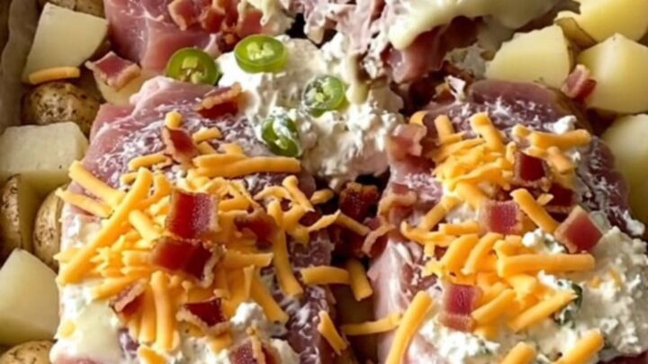A sheet pan filled with golden roasted potatoes and pork chops topped with melted jalapeno cream cheese, cheddar