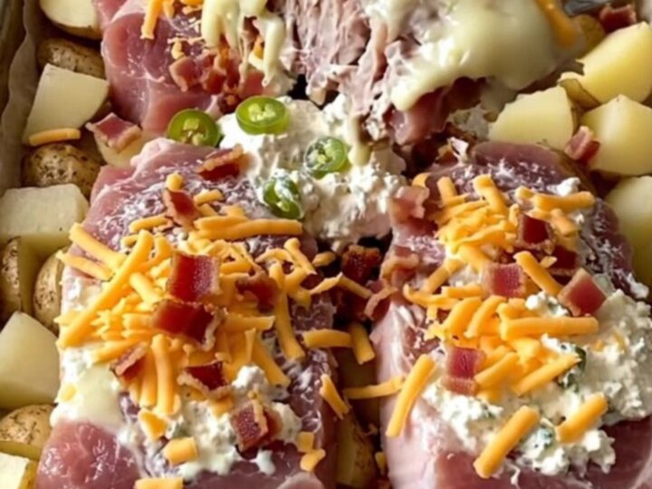 A sheet pan filled with golden roasted potatoes and pork chops topped with melted jalapeno cream cheese, cheddar
