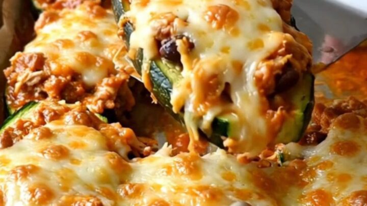 A row of freshly baked enchilada zucchini boats topped with melted cheese and fresh cilantro on a parchment-lined sheet pan.