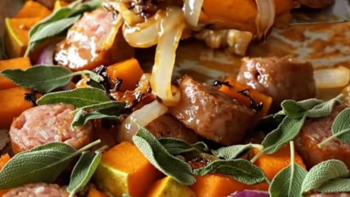 Roasted chicken sausage coins, butternut squash, and red onion on a parchment-lined baking sheet.