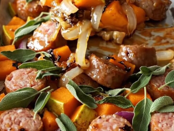 Roasted chicken sausage coins, butternut squash, and red onion on a parchment-lined baking sheet.