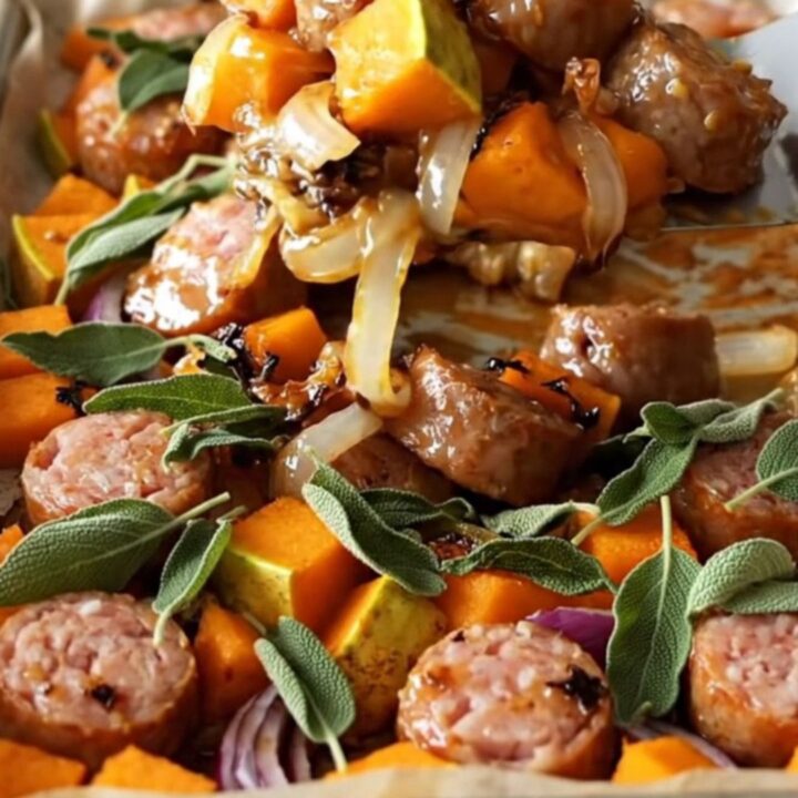 Roasted chicken sausage coins, butternut squash, and red onion on a parchment-lined baking sheet.