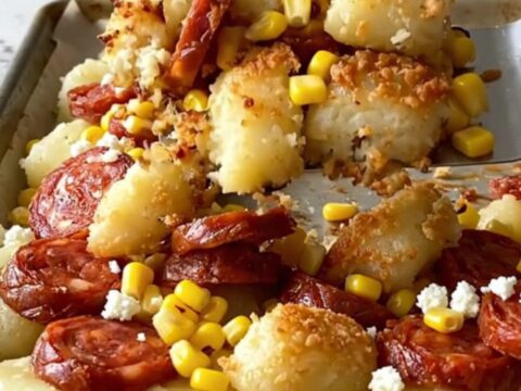 A sheet pan filled with golden-brown gnocchi, chorizo coins, and corn, topped with crumbled cotija cheese.