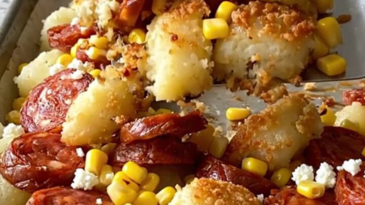 A sheet pan filled with golden-brown gnocchi, chorizo coins, and corn, topped with crumbled cotija cheese.