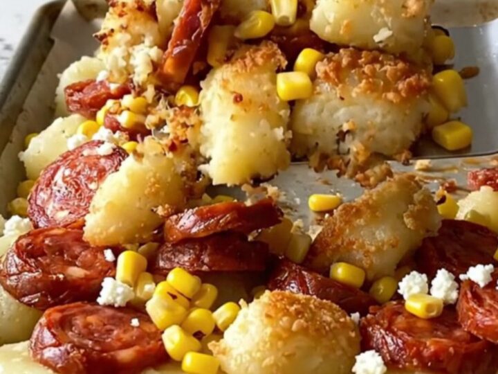 A sheet pan filled with golden-brown gnocchi, chorizo coins, and corn, topped with crumbled cotija cheese.