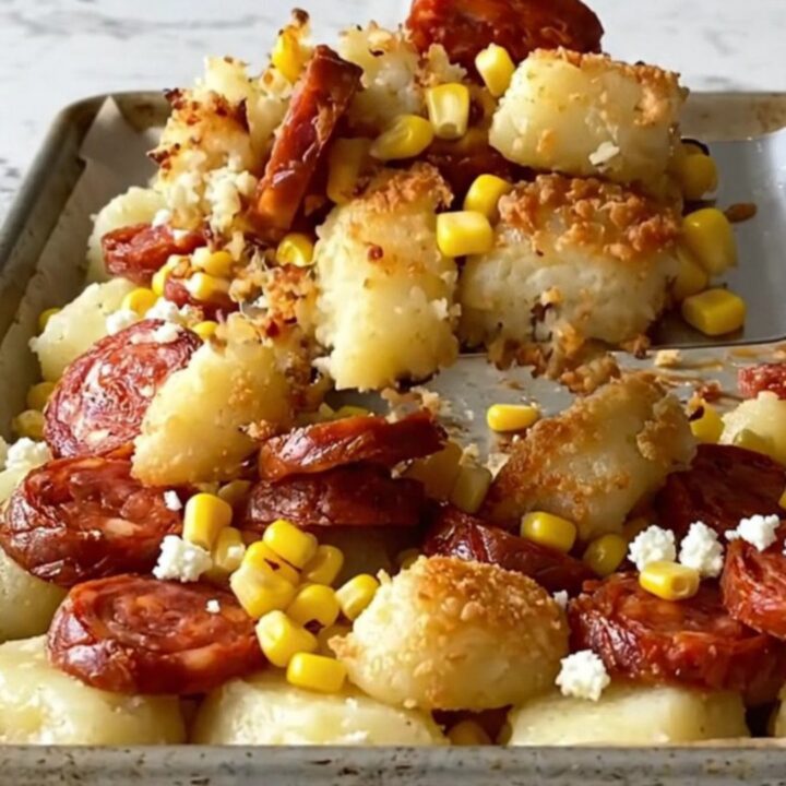 A sheet pan filled with golden-brown gnocchi, chorizo coins, and corn, topped with crumbled cotija cheese.