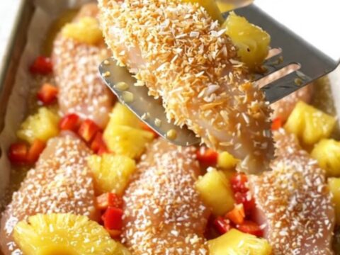 Crispy golden coconut chicken tenders on a sheet pan with roasted pineapple and red pepper chunks.