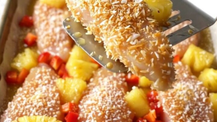 Crispy golden coconut chicken tenders on a sheet pan with roasted pineapple and red pepper chunks.