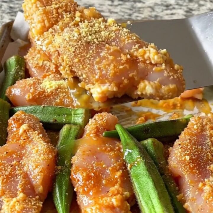 Crispy cornmeal crusted chicken tenders and roasted okra on a parchment-lined sheet pan.