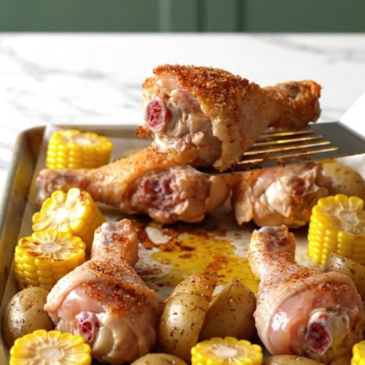 A sheet pan filled with roasted chicken drumsticks, corn on the cob, and halved baby potatoes, all golden and seasoned.