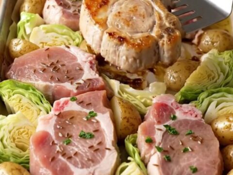 A sheet pan filled with golden-brown roasted pork chops, tender cabbage wedges, and roasted baby potatoes.
