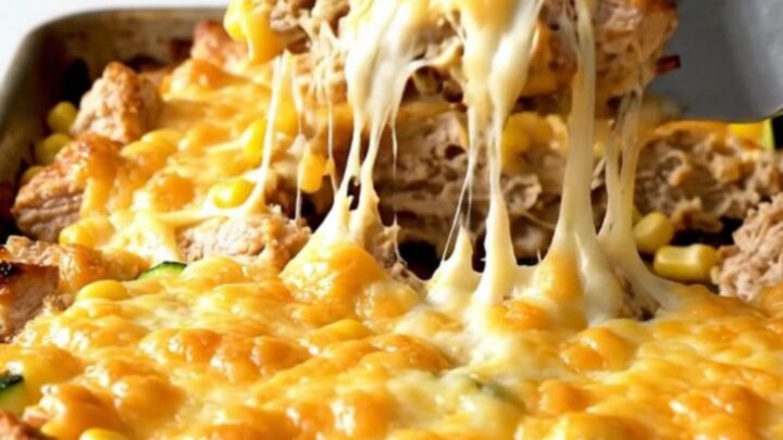 A sheet pan filled with golden roasted chicken, zucchini, and corn topped with melted Monterey Jack cheese.