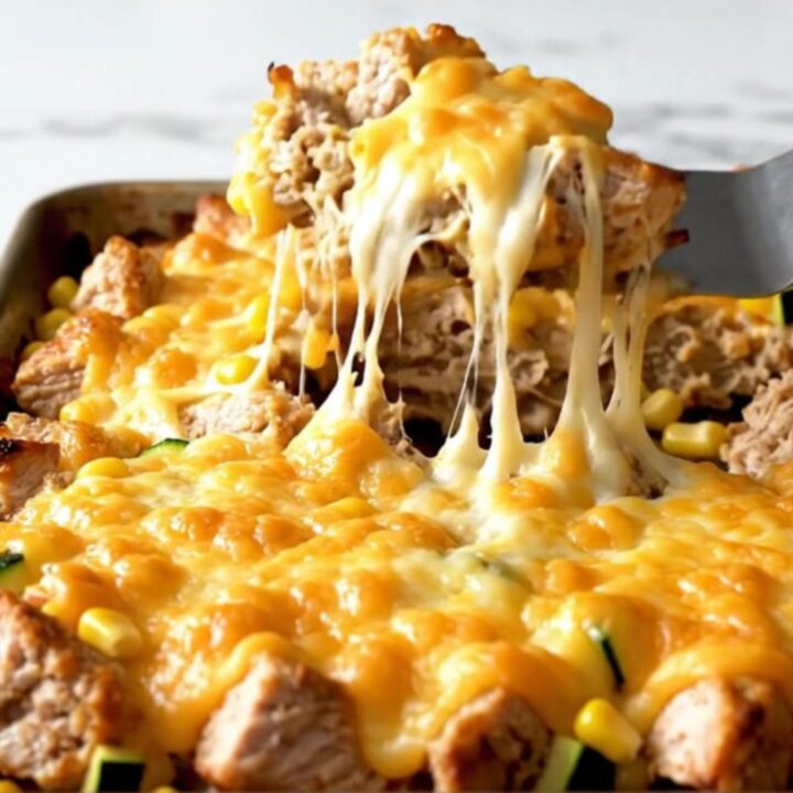 A sheet pan filled with golden roasted chicken, zucchini, and corn topped with melted Monterey Jack cheese.