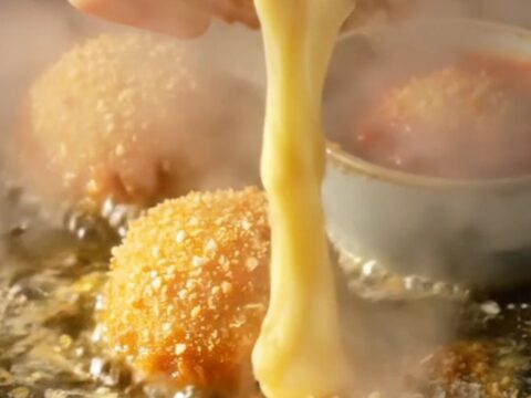 A close-up shot of a golden, crispy potato croquette being pulled apart to reveal a long, stringy mozzarella cheese pull.