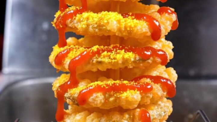 A crispy golden tornado spiral potato on a bamboo skewer, dusted with seasoning and drizzled with spicy mayo.