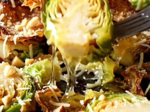 Crispy smashed Brussels sprouts drizzled with hot honey and topped with hazelnuts on a rustic plate.