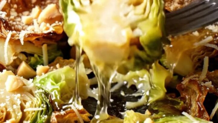 Crispy smashed Brussels sprouts drizzled with hot honey and topped with hazelnuts on a rustic plate.