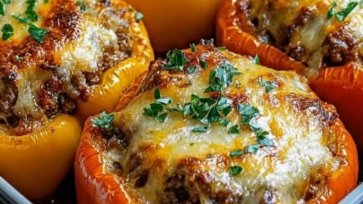 Four colorful stuffed bell peppers baked in a dish with melted, golden-brown mozzarella cheese and fresh parsley.