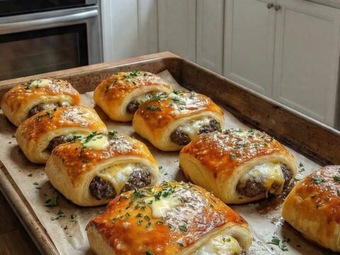 A golden, flaky garlic parmesan cheeseburger bomb pulled open to reveal melty cheese and savory beef.