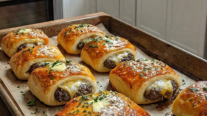 A golden, flaky garlic parmesan cheeseburger bomb pulled open to reveal melty cheese and savory beef.