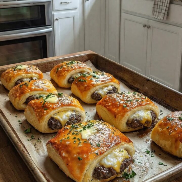 A golden, flaky garlic parmesan cheeseburger bomb pulled open to reveal melty cheese and savory beef.