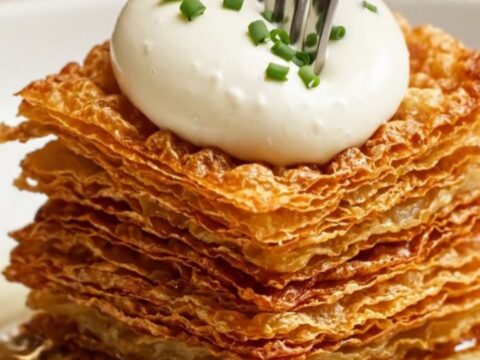 A golden, crispy 15-layer potato pavé topped with a quenelle of crème fraîche and fresh chives.
