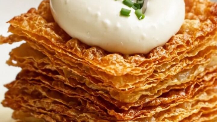 A golden, crispy 15-layer potato pavé topped with a quenelle of crème fraîche and fresh chives.
