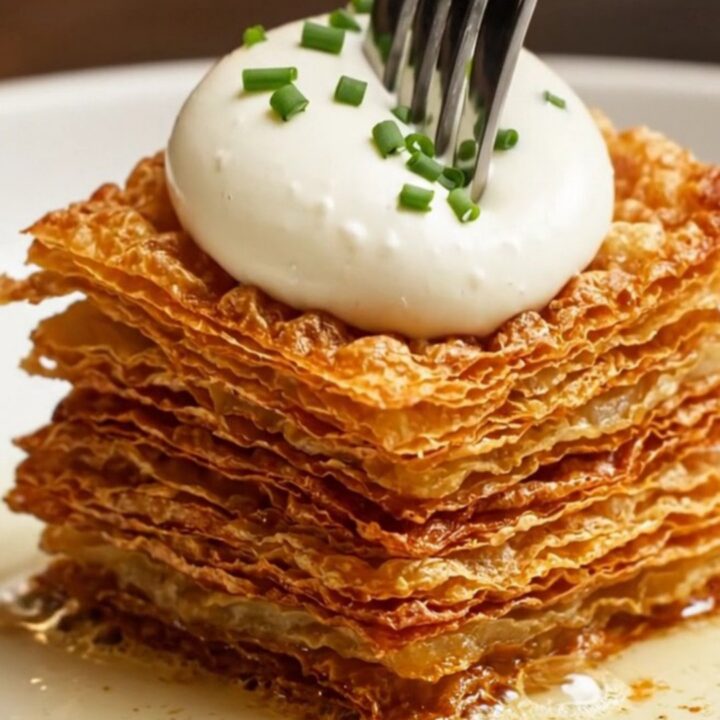 A golden, crispy 15-layer potato pavé topped with a quenelle of crème fraîche and fresh chives.