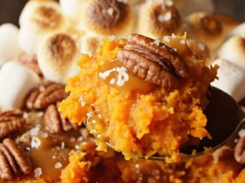 A golden, toasted marshmallow-topped sweet potato casserole in a ceramic dish.