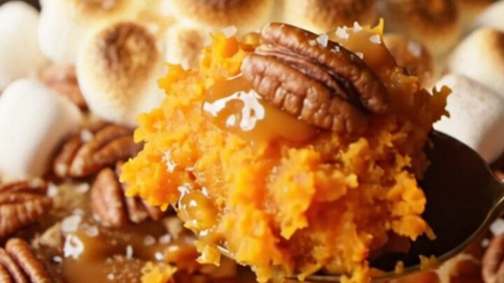 A golden, toasted marshmallow-topped sweet potato casserole in a ceramic dish.