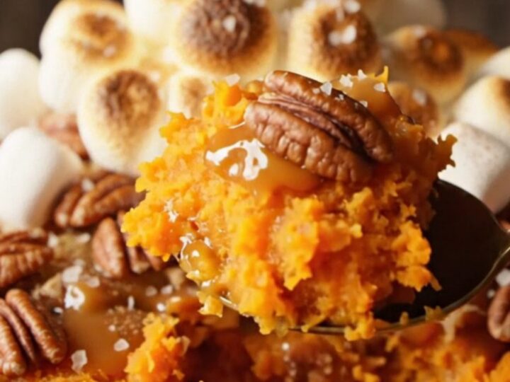 A golden, toasted marshmallow-topped sweet potato casserole in a ceramic dish.