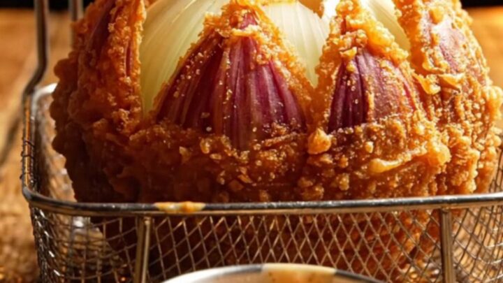A perfectly fried, golden-brown blooming onion served on a rustic wooden table with a side of creamy bayou remoulade.
