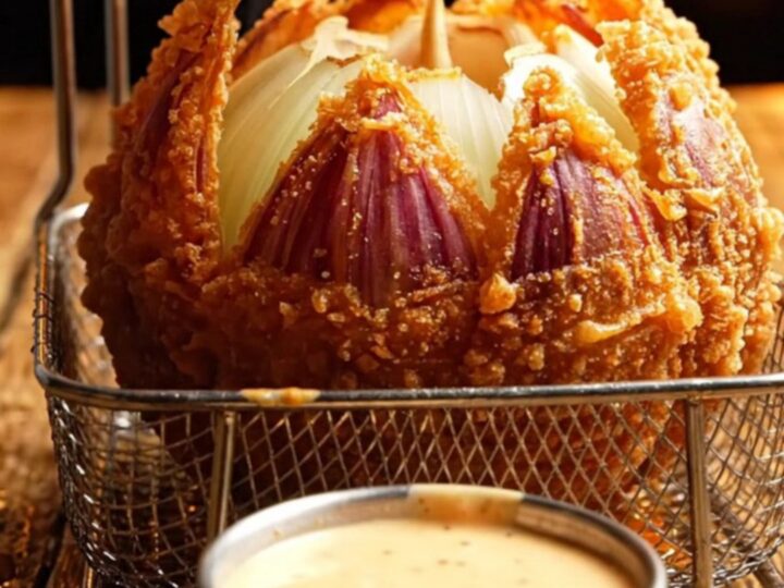 A perfectly fried, golden-brown blooming onion served on a rustic wooden table with a side of creamy bayou remoulade.