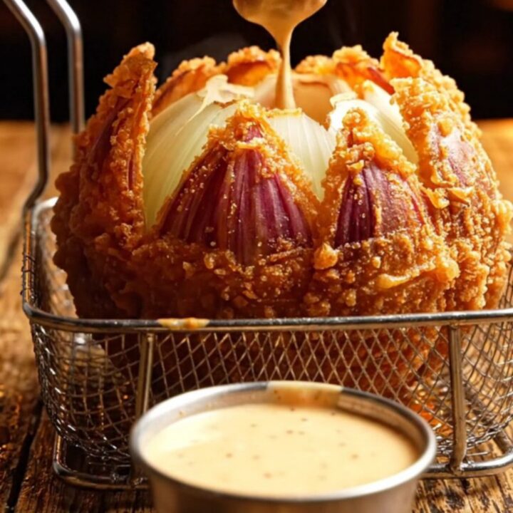 A perfectly fried, golden-brown blooming onion served on a rustic wooden table with a side of creamy bayou remoulade.