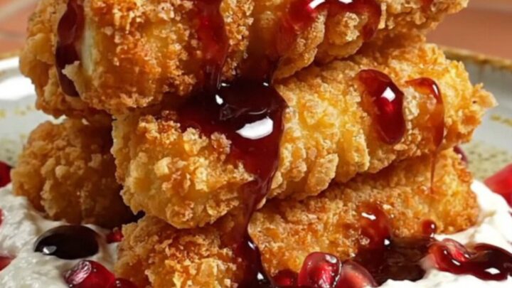 A close-up of crispy za'atar-crusted halloumi fingers drizzled with pomegranate molasses.