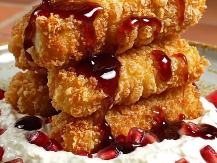 A close-up of crispy za'atar-crusted halloumi fingers drizzled with pomegranate molasses.