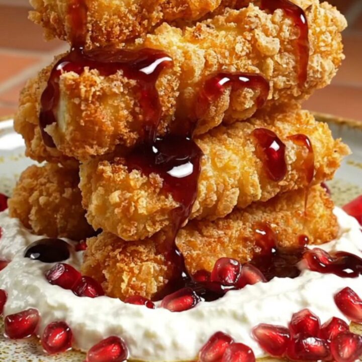 A close-up of crispy za'atar-crusted halloumi fingers drizzled with pomegranate molasses.