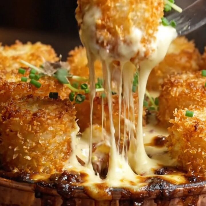 A ceramic gratin dish filled with golden tater tots in a rich, bubbling truffle Gruyère cheese sauce.