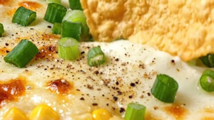 A large spoon lifting a massive scoop of Korean cheese corn from a sizzling cast-iron skillet with a long cheese pull.