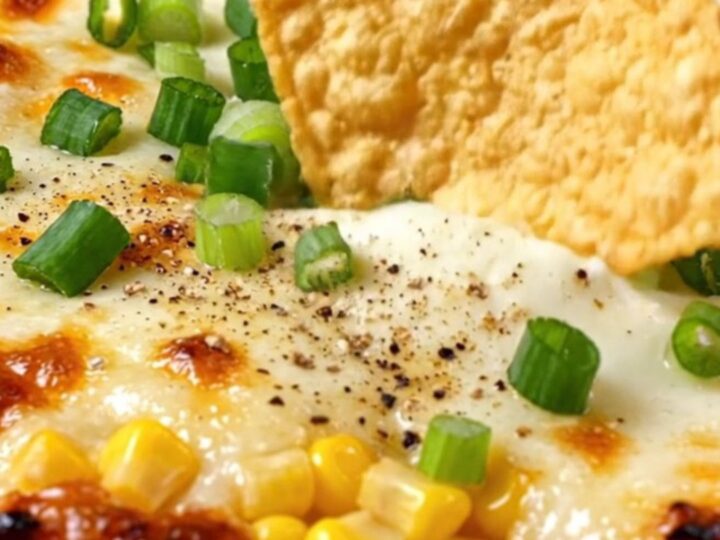 A large spoon lifting a massive scoop of Korean cheese corn from a sizzling cast-iron skillet with a long cheese pull.
