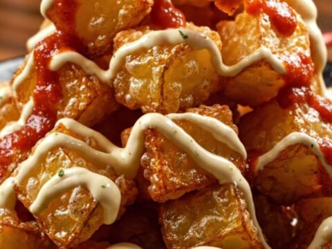 A rustic clay dish filled with golden, crispy Patatas Bravas drizzled with vibrant red bravas sauce and creamy garlic aioli.